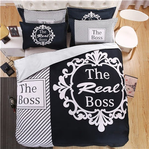 the boss black and white his/her side bedding set duvet cover bed sheet pillow case king queen size bed linen set 3/4pcs