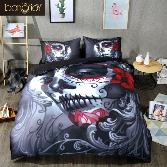 Bonenjoy Black Skull Bedding Set Halloween Style Bed Sheet Queen King Double Bed Linen Cotton Blend Flower Skull Duvet Cover Set
