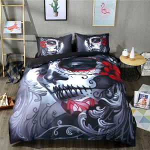Bonenjoy Black Skull Bedding Set Halloween Style Bed Sheet Queen King Double Bed Linen Cotton Blend Flower Skull Duvet Cover Set