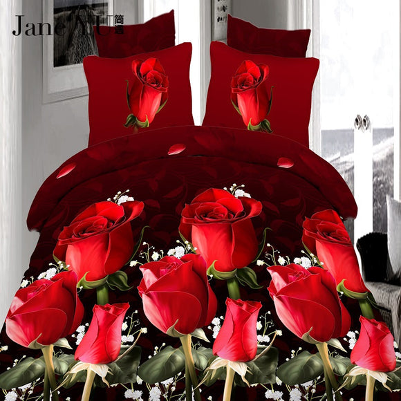 JaneYU 4Pcs king size Luxury 3D Rose Bedding setS Red color Bedclothes Comforter Cover Set Bed sheet Pillowcase for wedding
