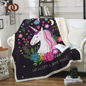 BeddingOutlet Cartoon Unicorn Velvet Plush Throw Blanket Floral Printed for Kids Girls Sherpa Blanket for Couch Black Thin Quilt