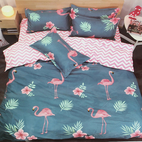 Polyester Flamingos Flowers Bedding Set King Size Duvet Pillow Quilt Cover 2 Pillowcases Home Hotel Bedroom Decoration 4PCS