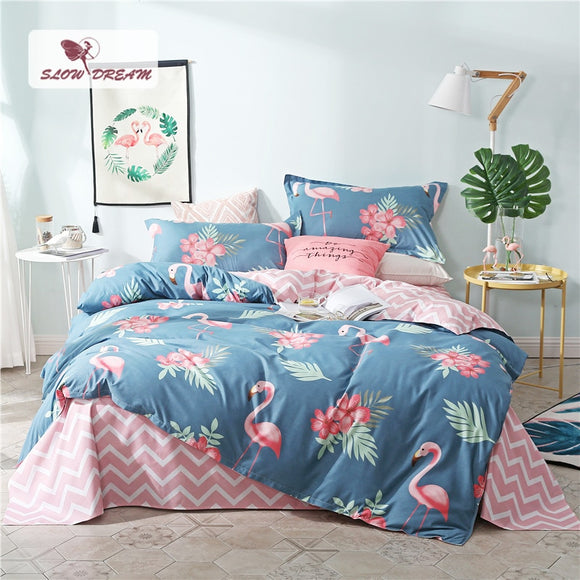 SlowDream Pink Flamingos Bedding Set Blue Euro Bedspread Luxury Duvet Cover Double Bed Sheets Linens Queen King Adult Bedclothes