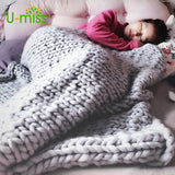 U-miss Fashion Hand Chunky Wool Knitted Blanket Thick Yarn Merino Wool Bulky Knitting Throw Blankets DropShipping 200X200CM